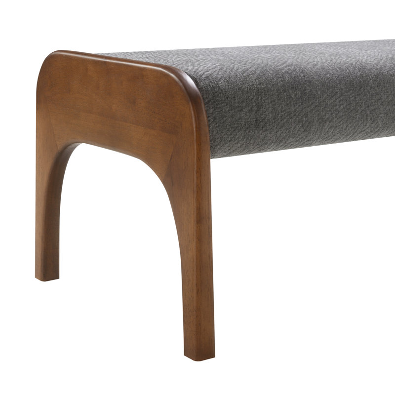 Banc long rembourré avec assise en chenille et pieds en bois d'hévéa