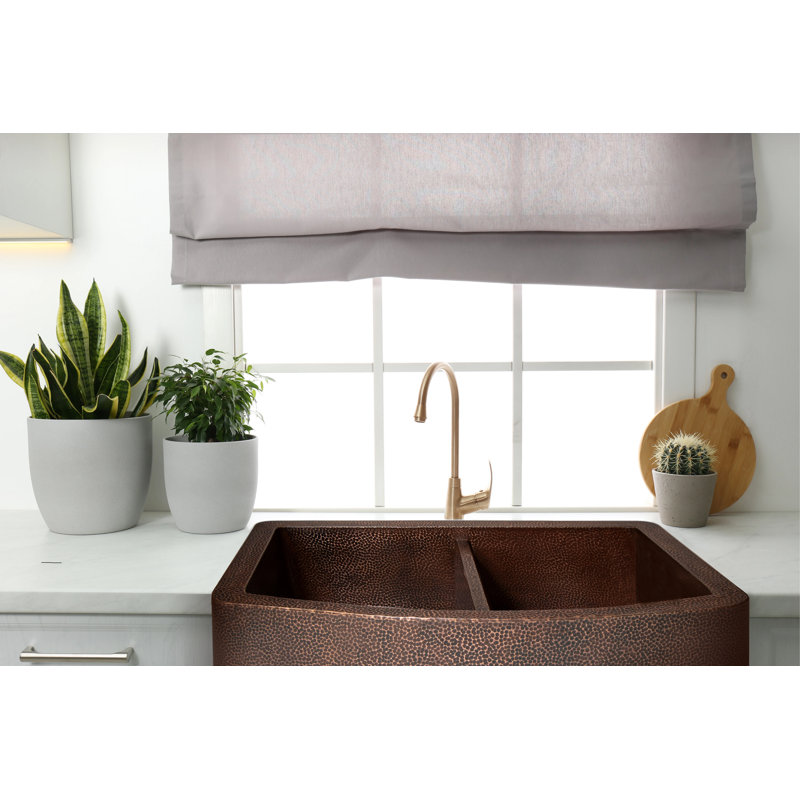 33" Double Bowl Copper Kitchen Sink – Farmhouse Apron Front Kitchen Sink, Drop-In Sinks, Hammered Bronze Copper Kitchen Sinks, Handcrafted Sinks, Undermount Sink Compatible