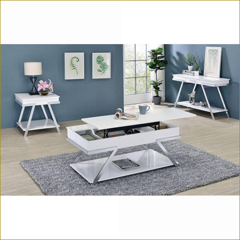 Table basse Nyla en chêne gris avec plateau en noyer contrastant - tablettes ouvertes pour le rangement du salon