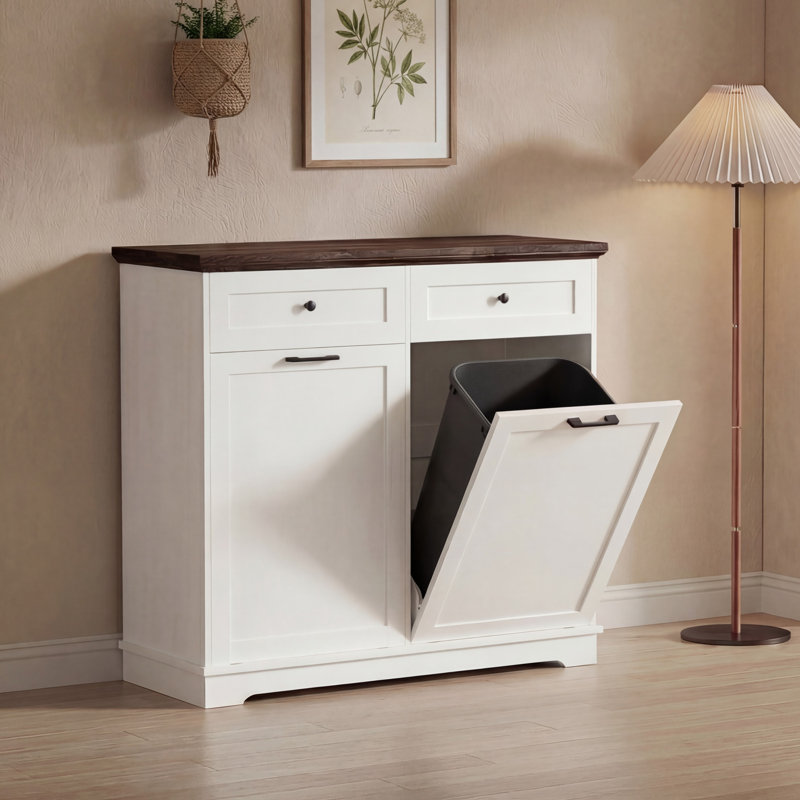 Farmhouse Double Tilt Out Trash Cabinet 20 Gallons, Freestanding Laundry Hamper Cabinet with 2 Drawers (Not include trash can)