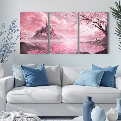 Cherry Blossom Castle, ciel rose, toile tendue sur toile, ensemble de 3 impressions pour salon, chambre à coucher, décoration intérieure