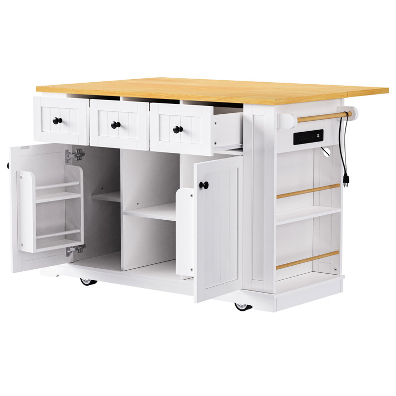 Large Kitchen Island With Drop Leaf, Internal Storage, Power Socket, Rolling Cart, White Storage Space, Input, On 5 Wheels,