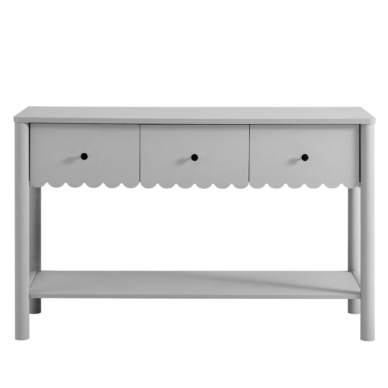 Emmeline 3-Drawer Scalloped Console Table In White, Light Grey