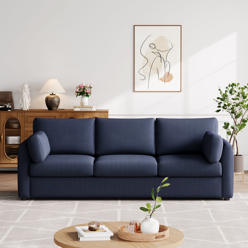 79" Striped Corduroy Upholstered 3 Seater Sofa With Armrest Pockets, Blue