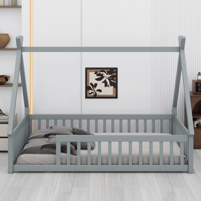 Tent-Style Floor Bed With Safety Guardrails And Built-In Slats, Gray