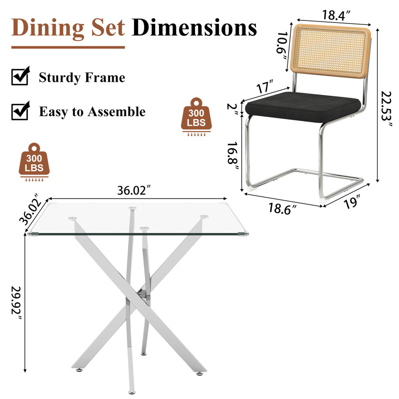 36" Square Glass Dining Set For 4, Cross-Leg Stainless Steel Base, Featuring 4 Cantilever Rattan Chairs In Mid-Century Modern Style