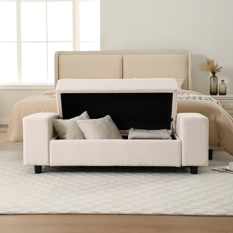Modern Upholstered Bench With Storage And Removable Upholstered Cover For End Of Bed, Porch And Living Room, Beige