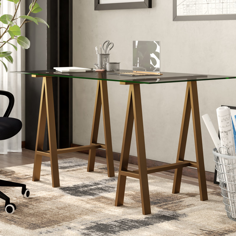 Bureau en verre Tigerlily, Laiton brossé, H 30 po x l 71 po x P 36 po