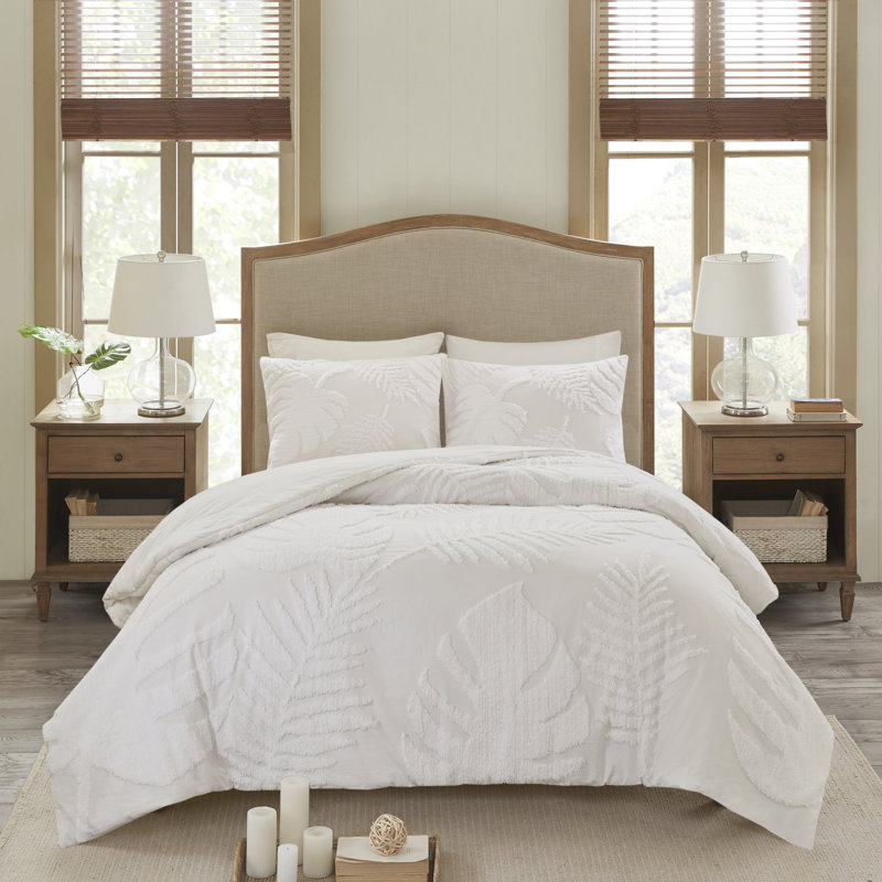 3 Piece Tufted Cotton Chenille Palm Comforter Set Off-White King/Cal King