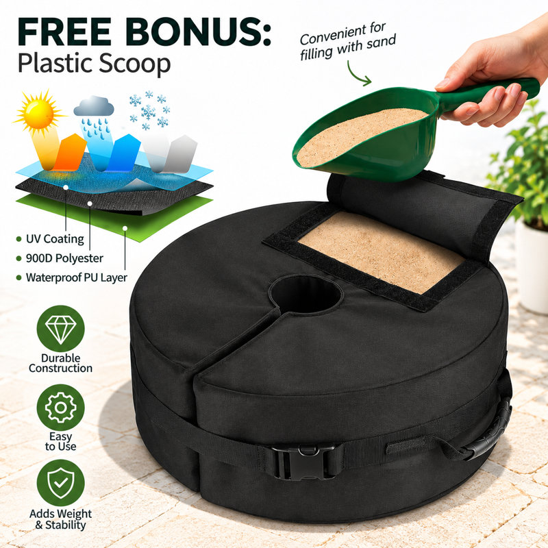 Sac de lestage rond de 45,7 cm (18 po) pour pied de parasol – Sac de sable imperméable 900D avec ouverture à anneau brisé et boucle à dégagement rapide, ancrage robuste pour parasol de patio, tente-auvent, tonnelle et support extérieur (noir)