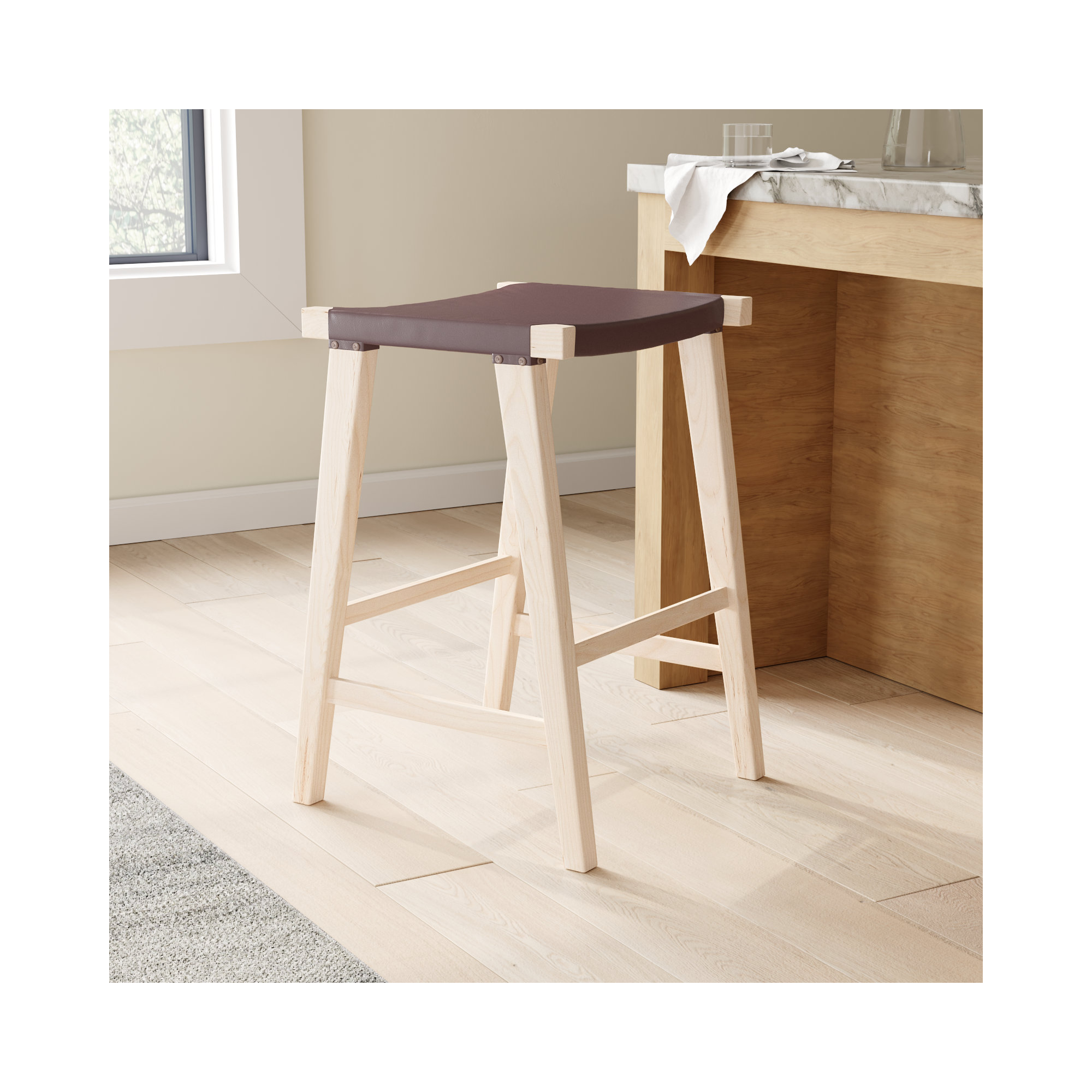 Kellan Genuine Leather Bar & Counter Stool, Cognac Genuine Leather, Counter Stool (26.8” Seat Height)