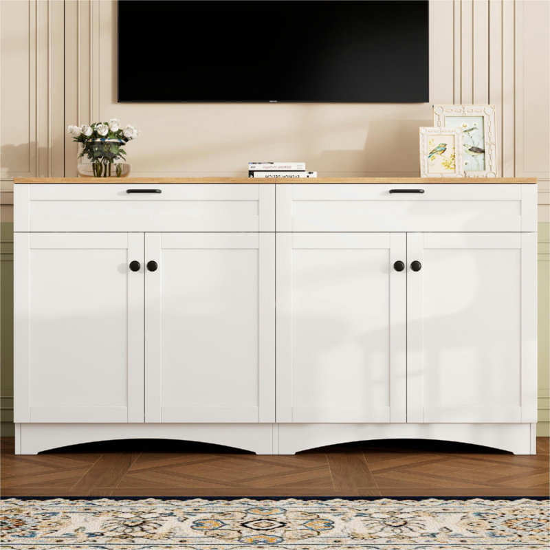 Farmhouse TV Stand for 70" TVs – Wood Grain Sideboard with 2 Drawers & Adjustable Shelves, Rustic Buffet Cabinet, White