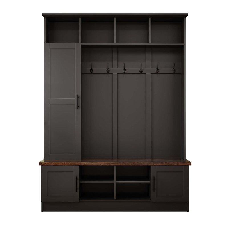 6-In-1 Hall Tree With Bench And Shoe Storage, Farmhouse Walnut Storage Bench With Adjustable Shelves, Modern Entryway Coat Rack With 6 Hooks Multiple Storage Space For Mudroom, Living Room