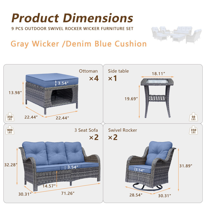 Ensemble de conversation pour 8 personnes avec coussins (ensemble de 9), Bleu