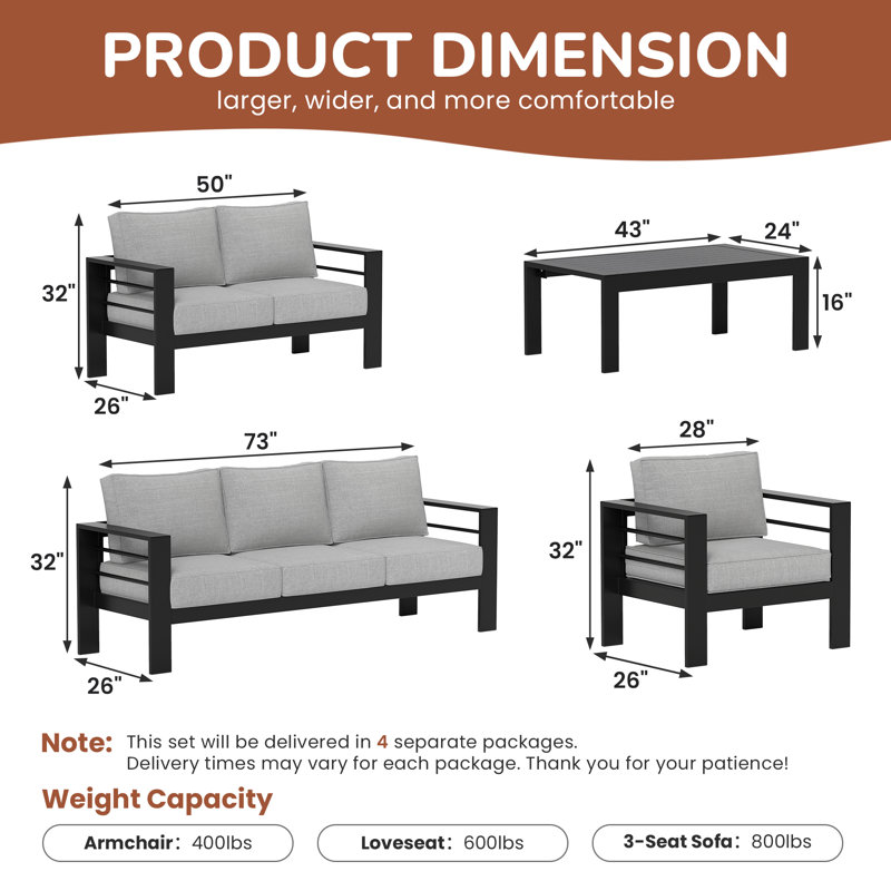 7 - Person Patio Conversation Sets With Cushions, Light Grey Cushion/Black Frame