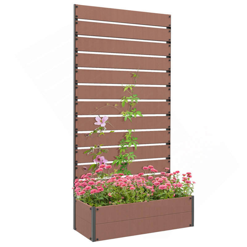 Lit de jardin surélevé avec treillis pour plantes grimpantes Outsunny, jardinière avec espace autodrainant, jardinière à treillis autoportante pour l'extérieur, patio, terrasse, brun clair, 35,75 po x 15 po x 70,75 po