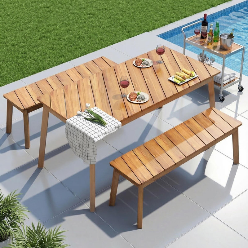 3-Piece Acacia Wood Table & Bench Set