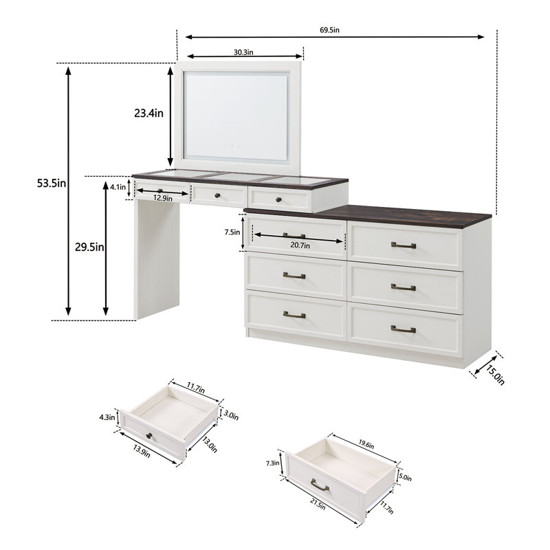  Grand bureau de meuble-lavabo l 69 po Burlington avec miroir éclairé 30 po et 9 tiroirs, table de maquillage de coin de ferme avec plateau en verre