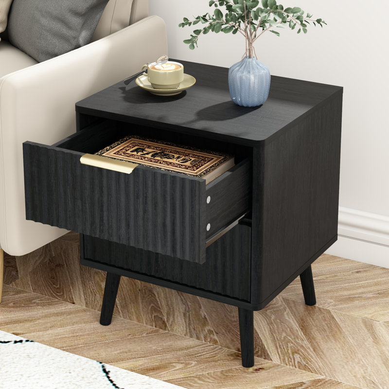 Fluted Nightstand With Curved Profile Design, 2-Drawer End Table, Bedside Table For Bedroom, Living Room, Black