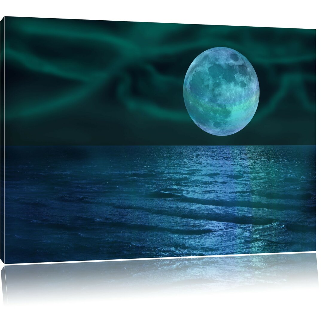 Leinwandbild Ruhiges Meer mit Vollmond in Schwarz/Blau