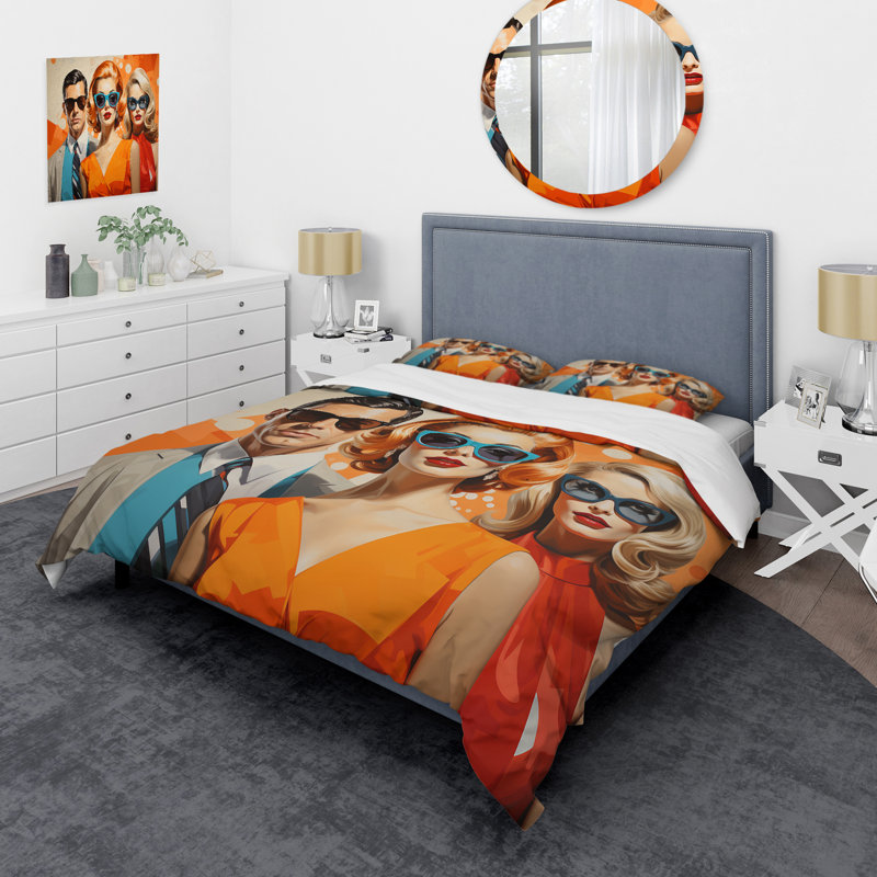 Ensemble de housse de couette orange en microfibre / polyester Mid Century Retro Portraits II