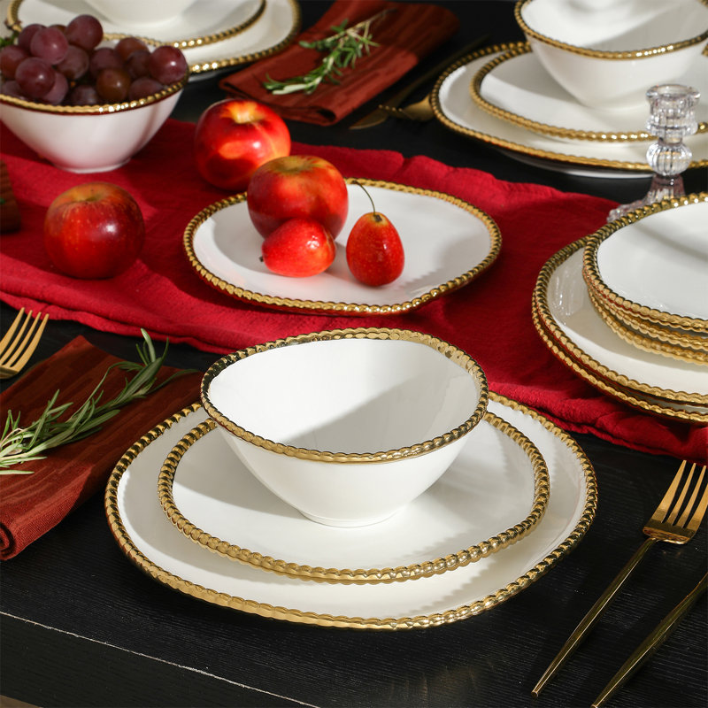 Christian Siriano Akoya 24-Piece Dinnerware Set Porcelain, White/Gold