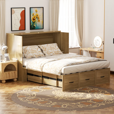 Full Size Storage Murphy Bed With Large Storage Drawer Home Office Or Small Room, And Built-In Charger, Farmhouse Murphy Bed