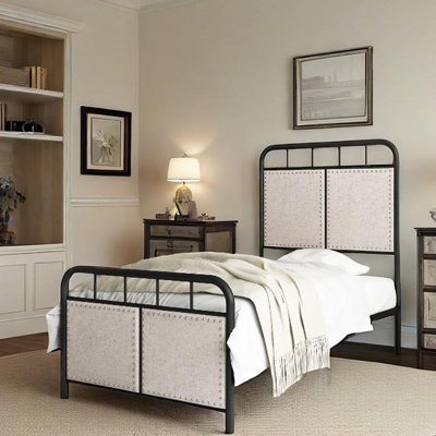 Base de lit simple tapissier en lin avec tête de lit et pied de lit en tissu