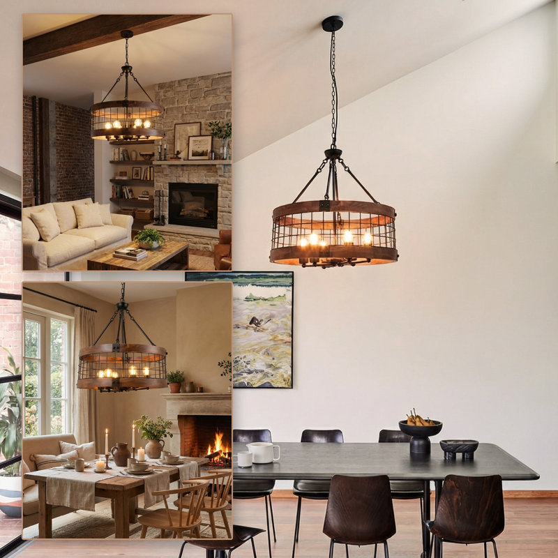 Lustre rustique en bois 6 lumières Farmhouse