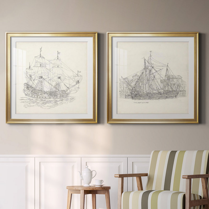 Esquisse de bateau antique ix Esquisse de bateau antique ix - ensemble de 2 reproductions de dessins encadrés, Blanc