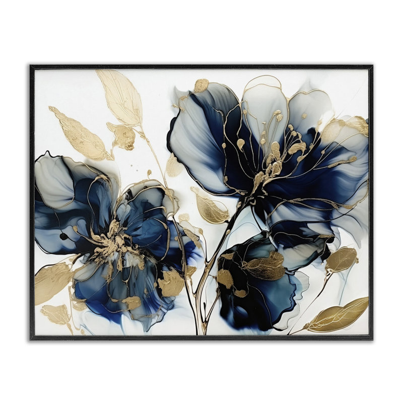 Fleurs bleues modernes sur bois, impression, Giclée encadrée noir minuit, H 24 po x l 30 po x P 1,5 po