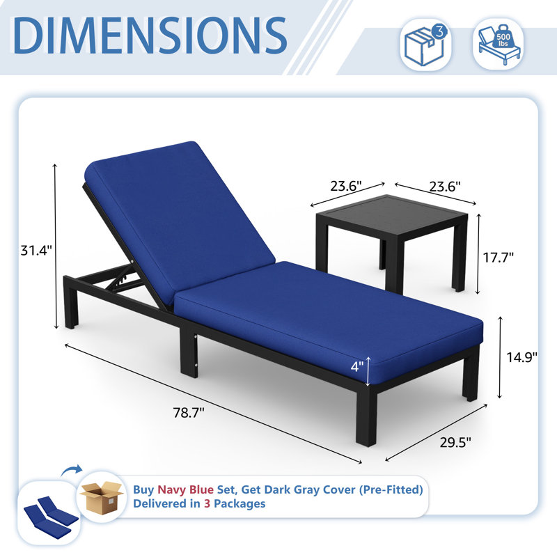4-Piece Outdoor Aluminum Chaise Lounge Set with Adjustable Backrests, Side Tables and Cushions, Navy