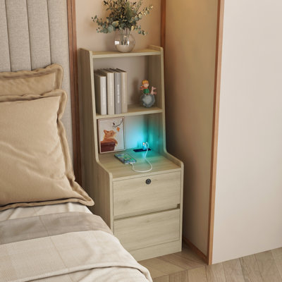 Nightstand With Charging Station, Smart Nightstand With Night Light, Modern Night Stand With Bookshelf, Bedside Tables With Storage Cabinet For Bedroom, Wood