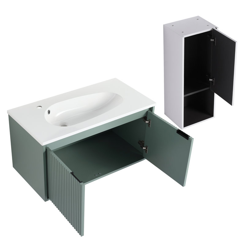 Meuble-lavabo flottant 36 po avec lavabo en résine en forme de goutte et armoire latérale et portes, armoire combinée