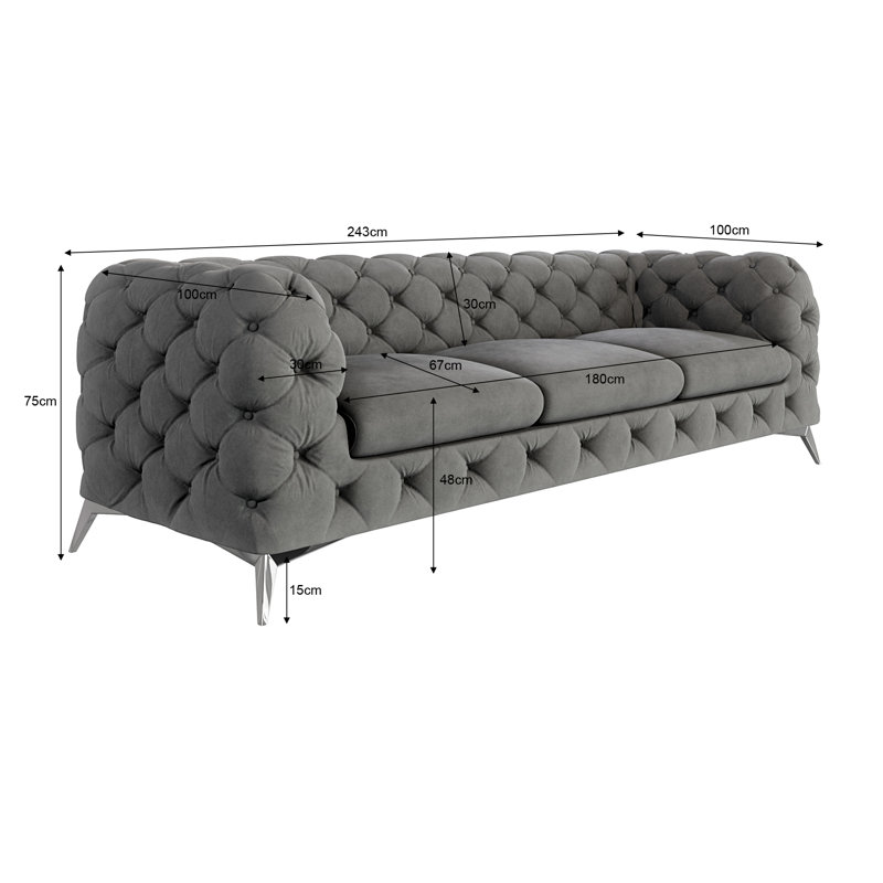 Chesterfield Sofa  3 Seater with Silver Metal Legs, Grey