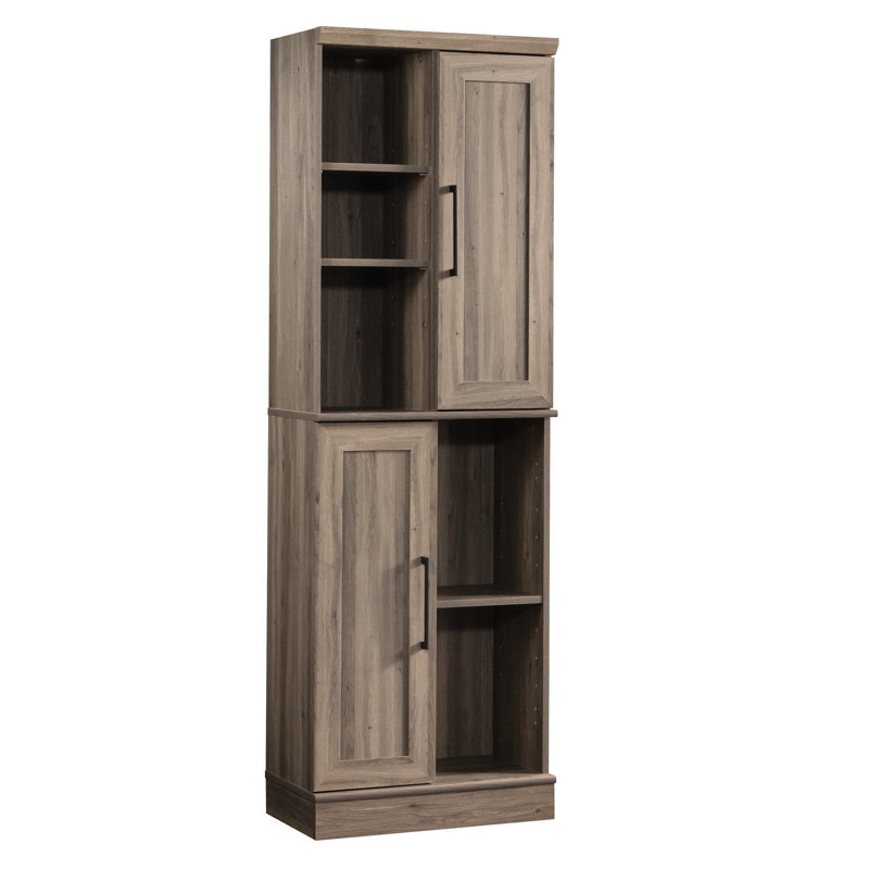 Armoire de rangement au fini brun-gris, adaptable à différents besoins, tablettes et portes réglables, idéale pour divers espaces, avec base, dimensions compactes, assemblage rapide, armoire polyvalente, gris