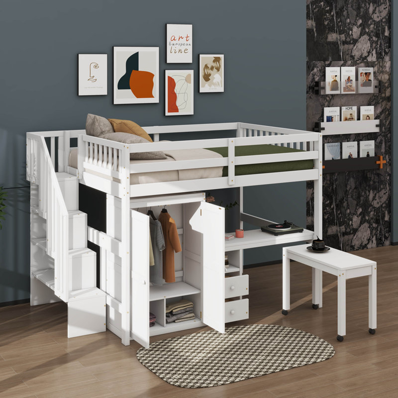 Lit mezzanine tout compris avec escalier intégré, bibliothèque, tiroirs, espace de travail et garde-robe, solution multifonctionnelle idéale