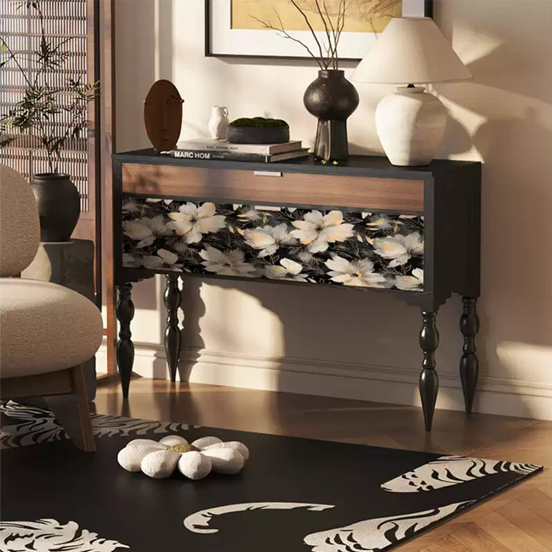 Retro Classical Art Console Table with Drawers, Black