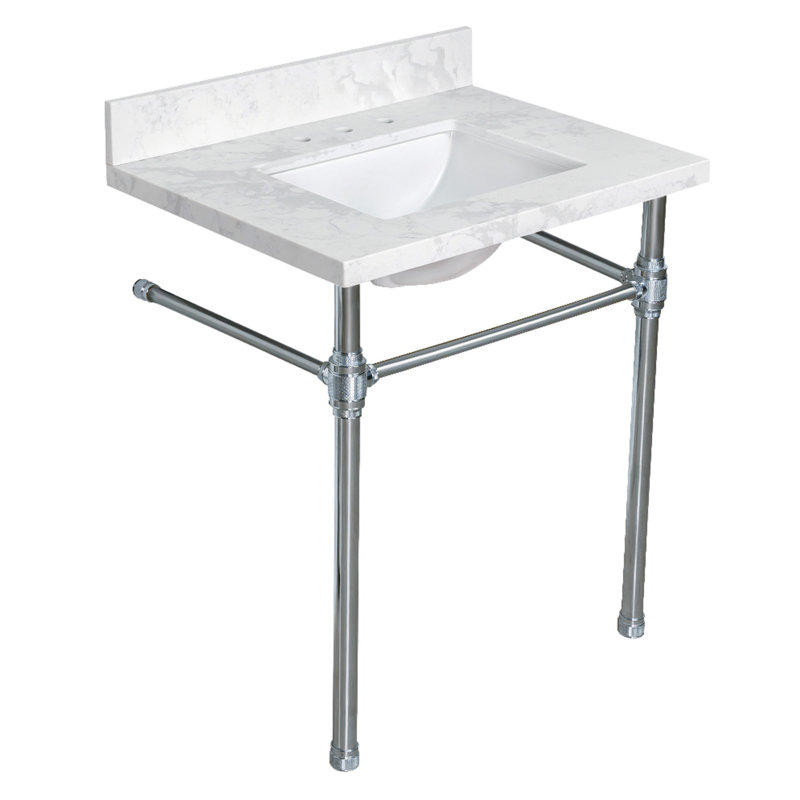 Kingston Brass Mayorca 31-Inch Quartz Console Sink with Brass Legs (8-Inch, 3-Hole), Quartz White/Polished Chrome