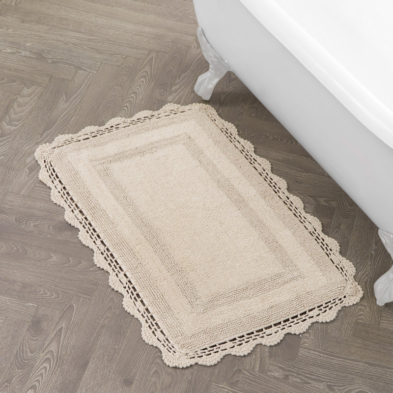 Laura Ashley Crochet Machine Washable Cotton Bath Rug, Linen, 40" L x 24" W