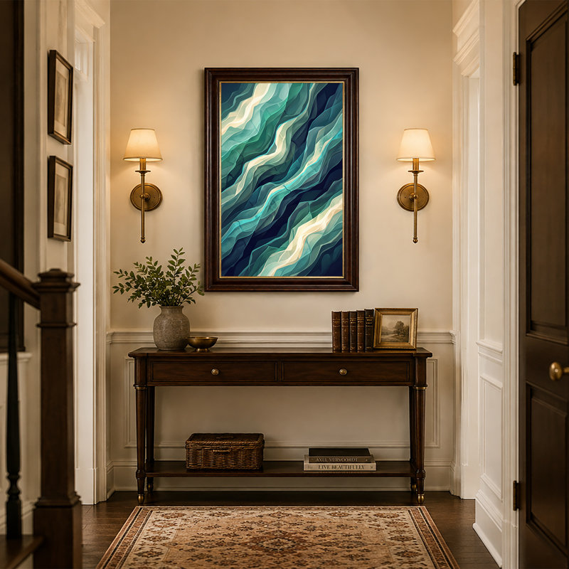 Toile abstraite bleu sarcelle et crème, 24"H x 16"W