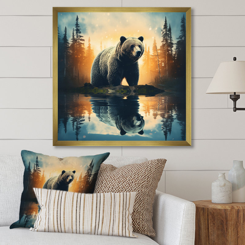 «Double Exposure Bear», art mural grand ours, Cadre doré simple, H 30 po x l 30 po x P 1 po