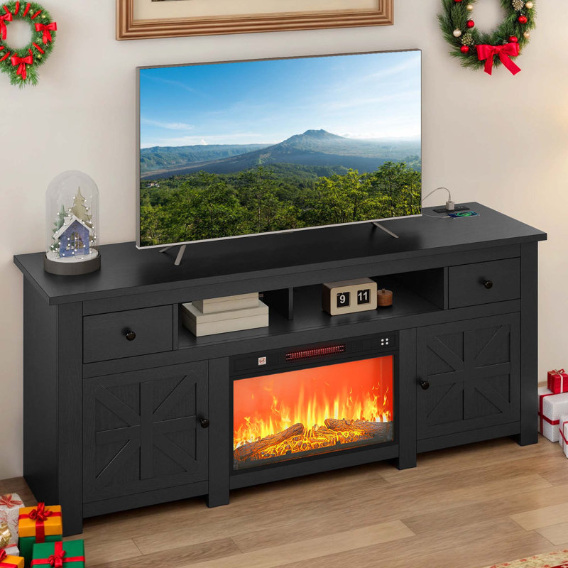 TV Stand For Large Screens Up To 80", Console With Fireplace And Storage, 70", Black