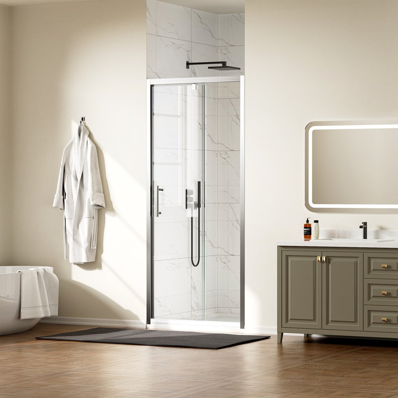 32 In. W X 72 In. H Pivot Framed Shower Door In Brushed Nickel Finish With Tempered Glass, Brushed Nickel