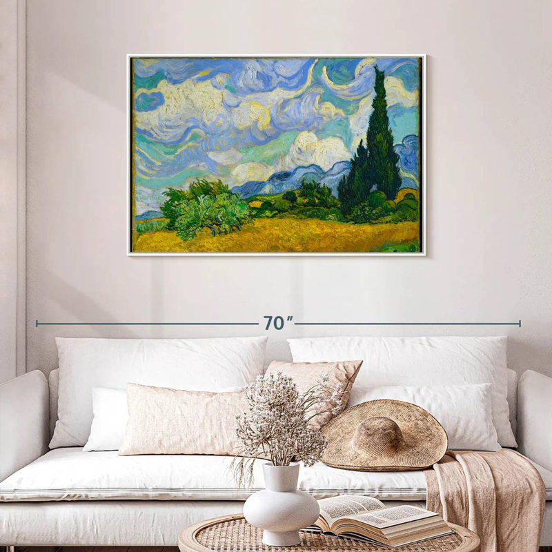 Champ de blé avec cyprès, Cadre flottant blanc, 43 po x 29 po