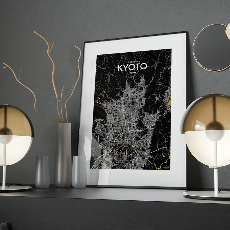 «Kyoto City Map», impression, H 17 po x l 11 po, Noir et or