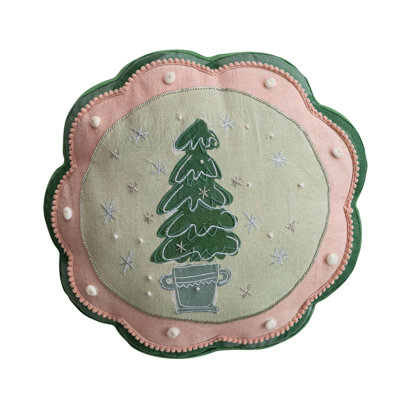 Tree Motif Cotton Linen Pillow with Pom Pom Trim