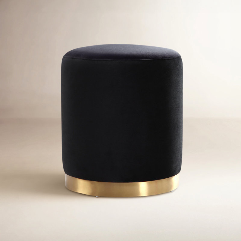 Fresno 16" Wide Velvet Round Standard Ottoman, Charcoal Velvet, Gold