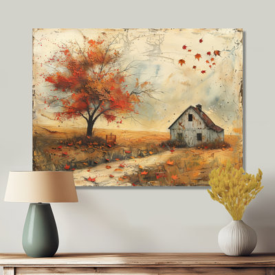 Red white Country Cottage barn in autumn - Barn Wall Decor