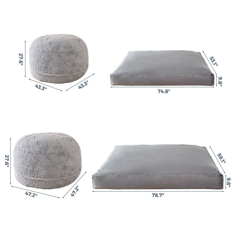 Fauteuil-sac géant, H 27,6 po x l 47,2 po x P 47,2 po, Velours gris velours